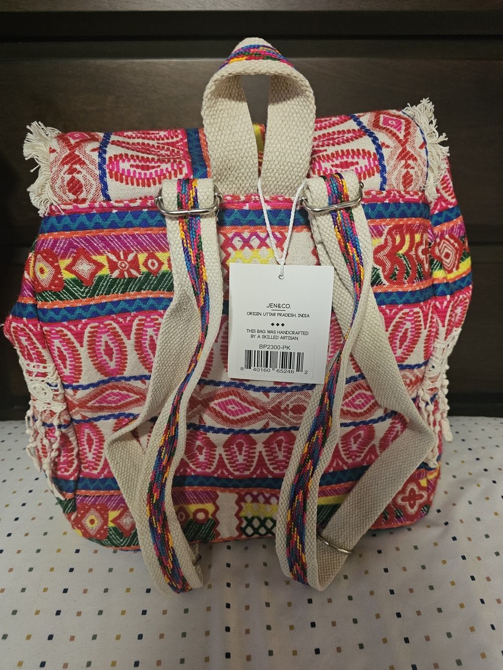 Boho Fringe Drawstring Backpack - Pink Multicolor - Picture 3 of 4